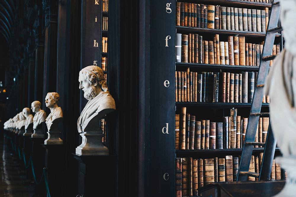 A private law library of leather-bound volumes and classical busts